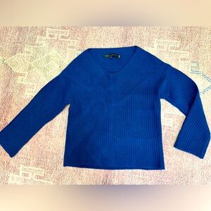Sally Lapointe Cashmere chevron v neck knit blue long sleeve ribbed sweater xs